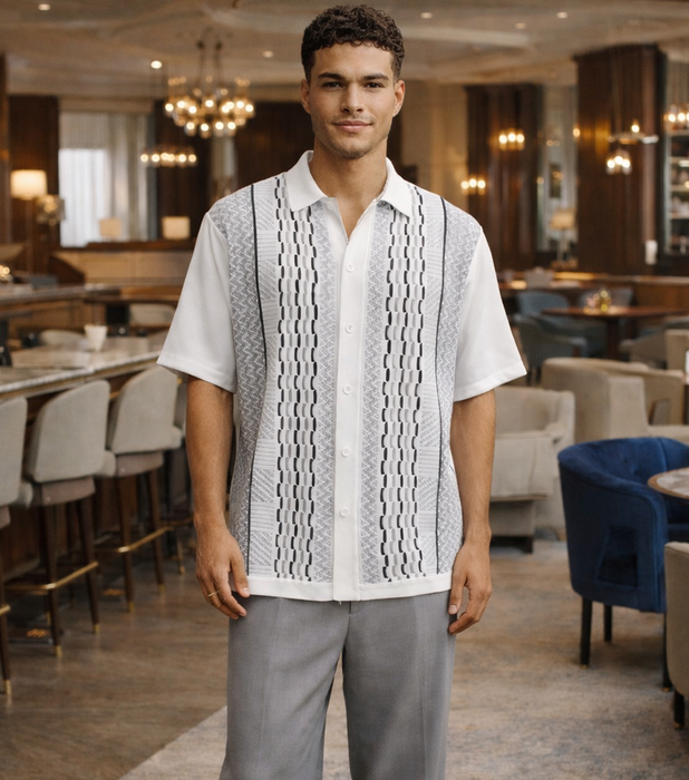 21015 Knit Front Walking Suit Shirt & Pant Set by Silversilk