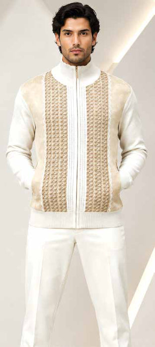 31021 Jacquard and Suede Full-Zip Sweater by Silversilk