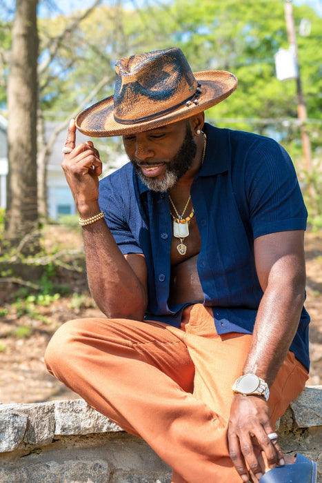 Bourbon Distressed Wide Brim Straw Pencil Curl by Bruno Capelo